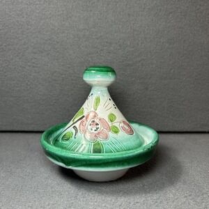 Mini Tagine Pottery Dish 5.5" Hand Painted Green Floral Ceramic